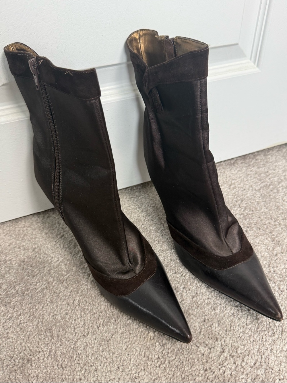 BCBG Satin Brown and Black Pointed-Toe Ankle Booties - Picture 2 of 7